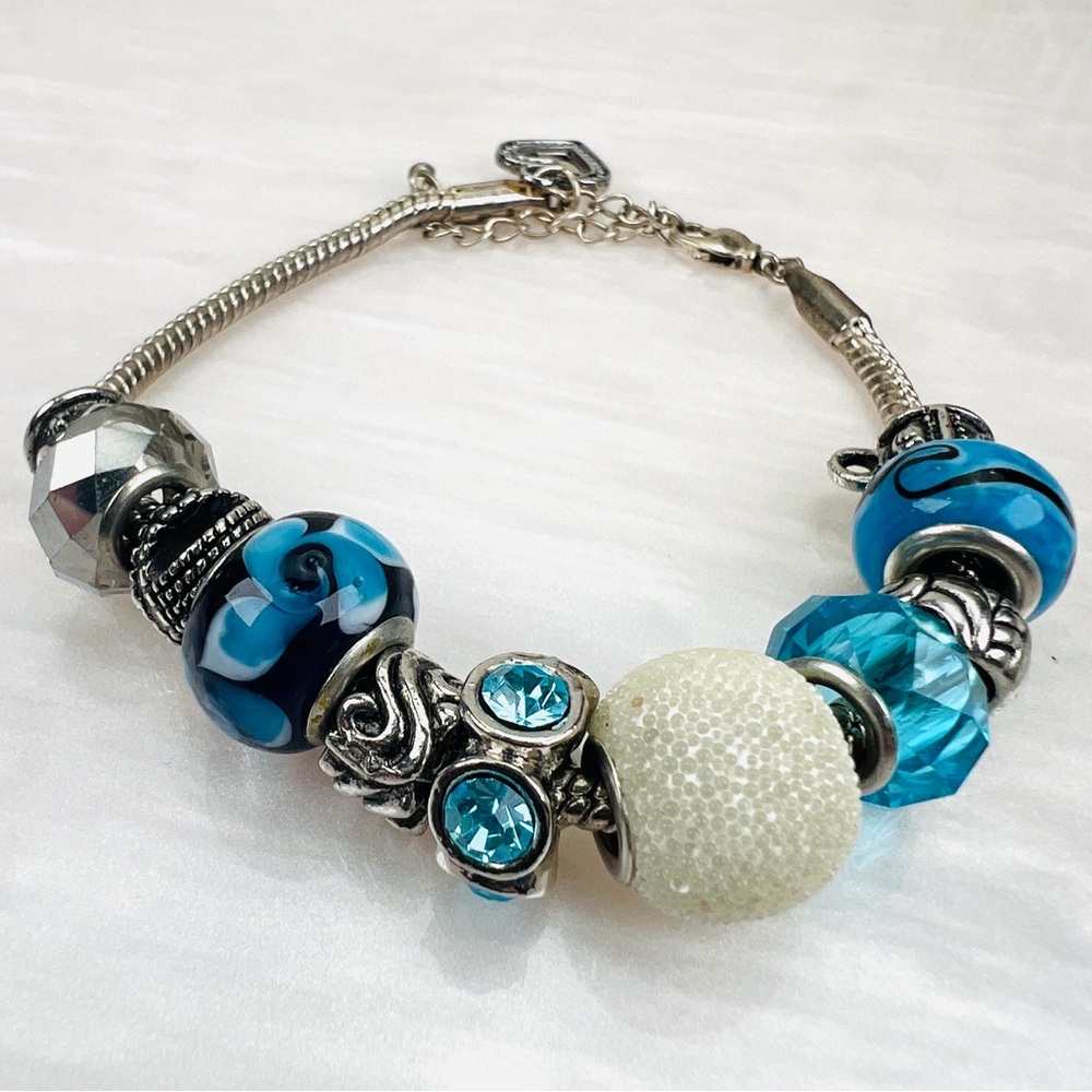 Pretty Aged Silvertone Blue Multi Charm Beaded Br… - image 8